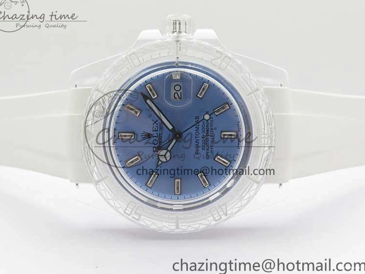 KZF Best Transparent on Phantomlab Rubber Edition VR3135 Dial Blue Light Strap White Submariner 0219
